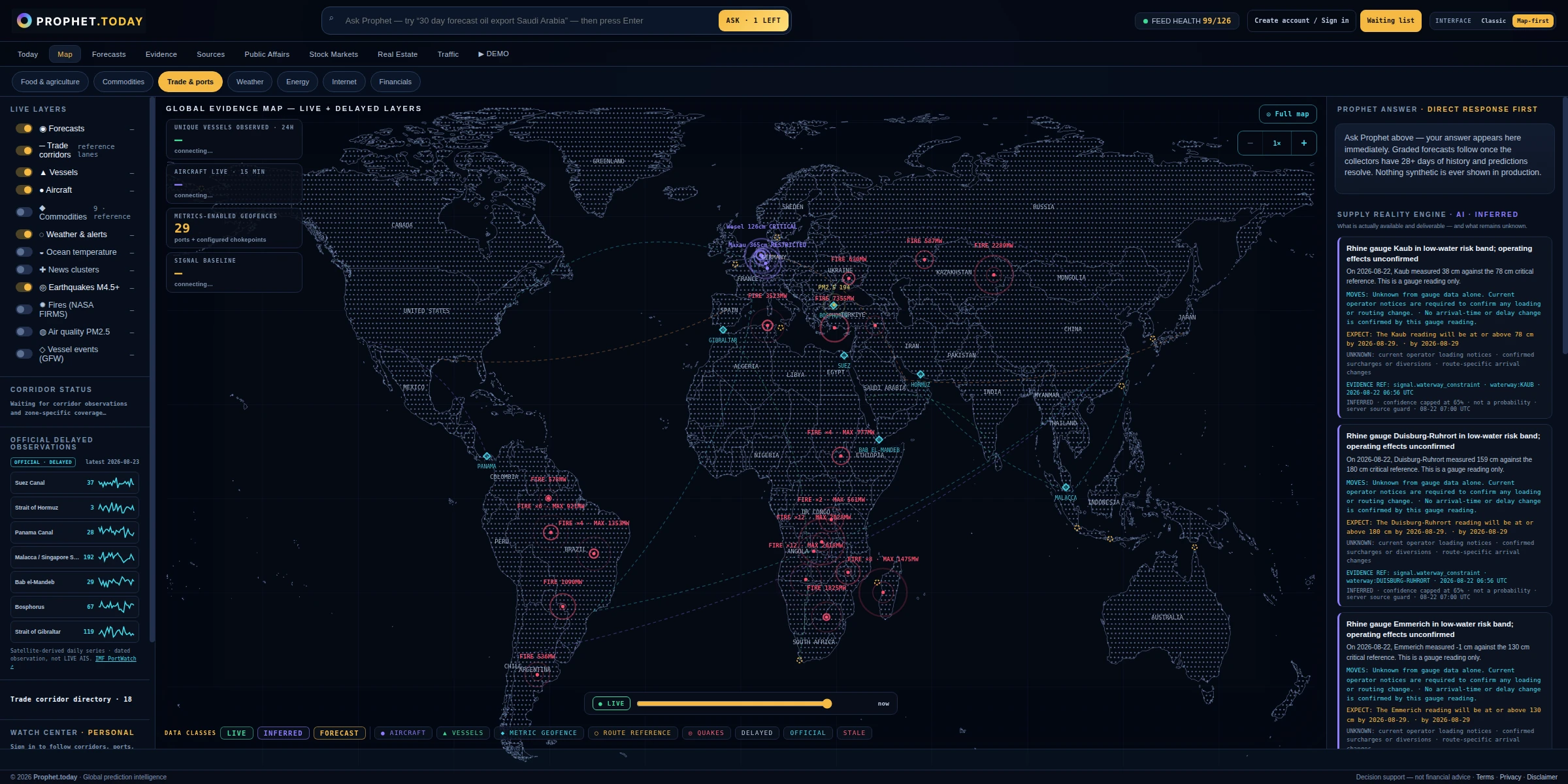 The live Prophet world map interface with global evidence markers